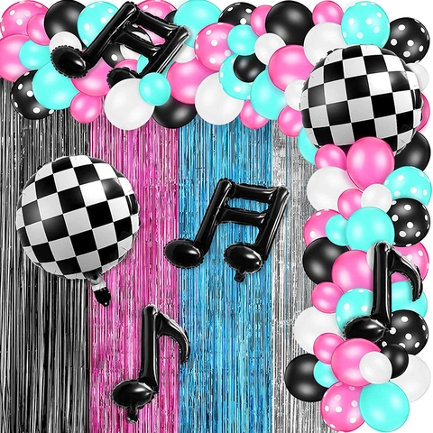 Arco Di Palloncini Musica Ghirlanda Alluminio Lattice Note Scacchiera Tende Con Frange Disco Decorazione Festa Retro