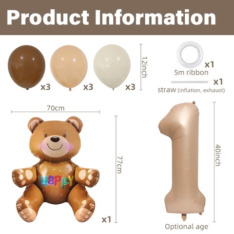 Karamell Creme 3D Zusammengebauter Bär Geburtstag Party Ballon Set Aluminiumfolie Latex Ballons Nummer Stil Für Kinder Feier Dekoration