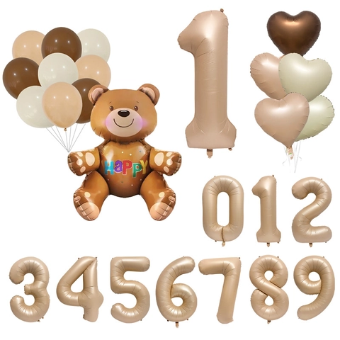 Karamell Creme 3D Zusammengebauter Bär Geburtstag Party Ballon Set Aluminiumfolie Latex Ballons Nummer Stil Für Kinder Feier Dekoration