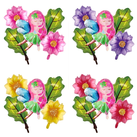 Ensemble de Ballons en Aluminium Dessin Animé Fée Fleur Feuille pour Décoration d'Anniversaire Fille Thème Forêt Magique Kit Ballons