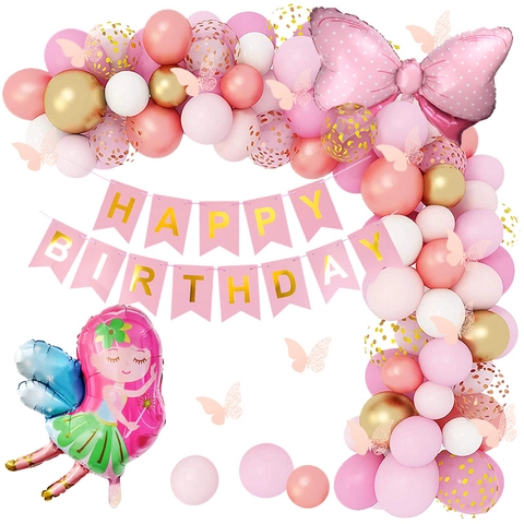Kit Arco Palloncini Farfalla Fata Lattice Alluminio Decorazione Festa Compleanno Tema Principessa Rosa Oro Bianco Paillettes Ragazze