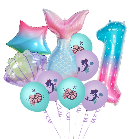 Mermaid Theme Birthday Party Balloon Set With Gradient Number Foil Star Shell Latex Balloons For Girls Kids Decoration