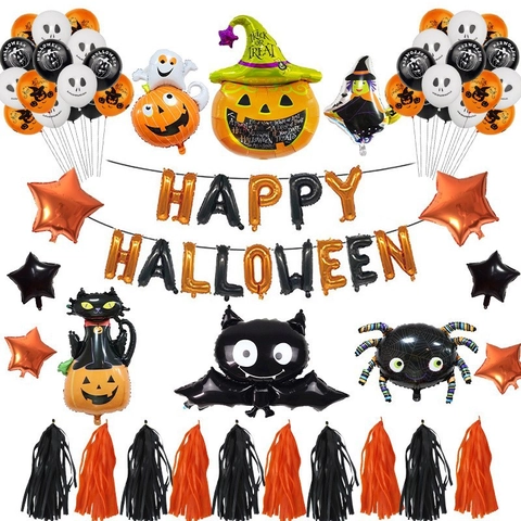Decoraciones De Fiesta De Halloween Globos De Papel De Aluminio Y Látex Pancarta Calabaza Murciélago Araña Fantasma Borlas Suministros Navideños