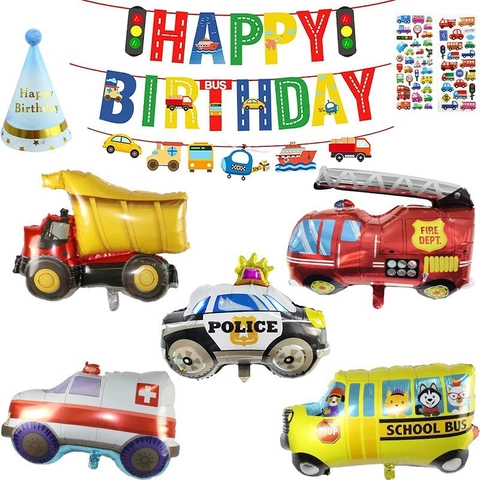 Kit Decoración Fiesta Cumpleaños Infantil Tema Transporte Con Globos Foil Camión Bomberos Policía Ambulancia Autobús Escolar Banner Pegatinas Sombrero