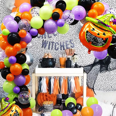 Halloween Arco Di Palloncini Ghirlanda Lattice Zucca Cappello Da Mago Viso Sorridente Paillettes Decorazioni Per Feste