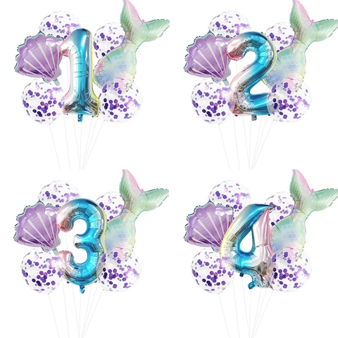 Juego de Globos Cumpleaños Tema Sirena Degradado Número 32 Pulgadas Globo Aluminio Concha Cola Lentejuelas Látex Fiesta Niños