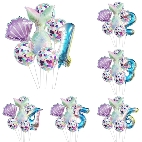 Mermaid Thema Party Ballon Dekoration Folie Schwanz Lila Muschel Verlauf Nummer Konfetti Latex Für Geburtstag Feier