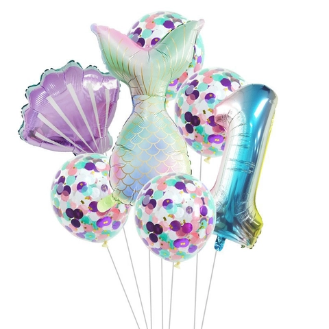 Mermaid Thema Party Ballon Dekoration Folie Schwanz Lila Muschel Verlauf Nummer Konfetti Latex Für Geburtstag Feier
