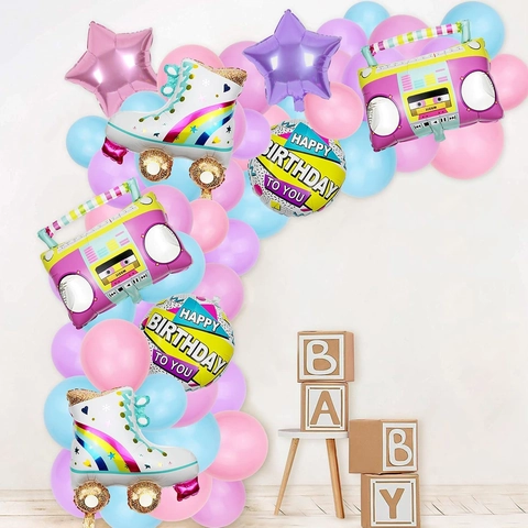 Retro 80er 90er Disco Party Ballon Girlande Bogen Dekoration Mit Radio Boombox Rollschuhe Folie Latex Ballons Geburtstag
