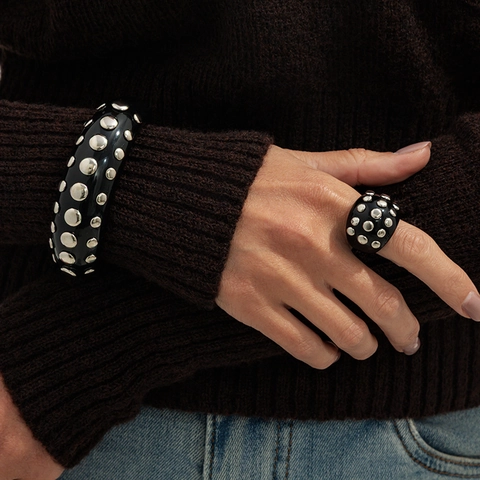 Brazalete Y Anillo De Resina Con Remaches CCB Redondos Pulsera Ancha Estilo Retro Punk Para Accesorios De Moda De Mujer