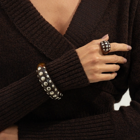 Brazalete Y Anillo De Resina Con Remaches CCB Redondos Pulsera Ancha Estilo Retro Punk Para Accesorios De Moda De Mujer