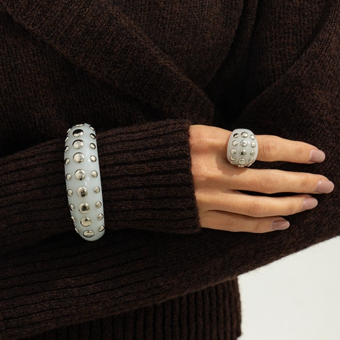 Vintage Punk Resin Rivet Rhinestone Open Bangle And Ring For Women Fashion Amber Tortoiseshell Pattern Chunky Jewelry