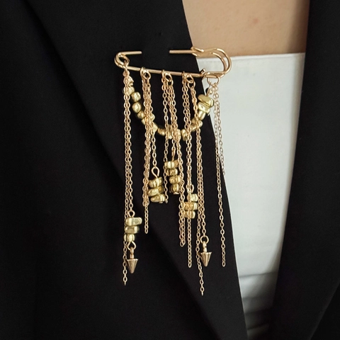 Tassel Brooch Pin Alloy Chain Multi Layer Faux Artificial Pearl Crystal Suit Accessory Party Vintage Punk Style Women Elegant