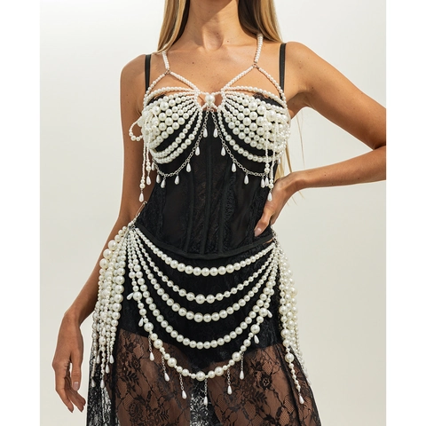 Chaîne de Corps Sexy en Fausses Künstliche Perles Harnais de Poitrine et Chaîne de Taille Multi-rangs à Glands pour Femmes Bijoux de Plage Fête