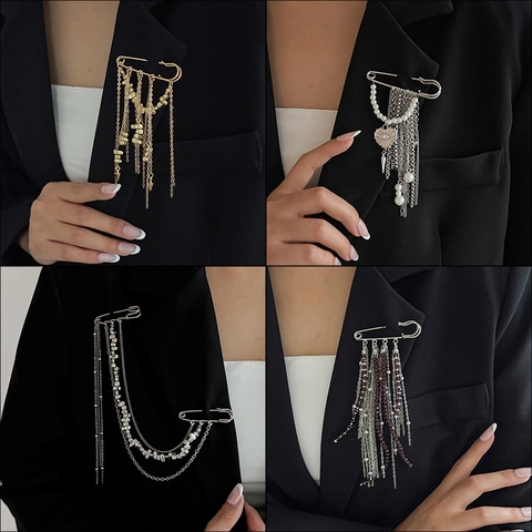 Tassel Brooch Pin Alloy Chain Multi Layer Faux Artificial Pearl Crystal Suit Accessory Party Vintage Punk Style Women Elegant