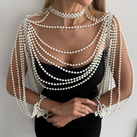Elegante Mehrlagige Künstliche Perlenkörperkette Schal Luxus Imitat Künstliche Perle Fransen Quaste Schulterhalskette Für Frauen Party Hochzeit