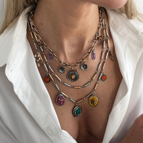 Bohemian Vintage Ethnic Σειρά Κοσμημάτων Γυναικείο Πολυεπίπεδο Κολιέ με Μενταγιόν Καρδιά από Σμάλτο και Ανοιχτό Δαχτυλίδι από Ρητίνη