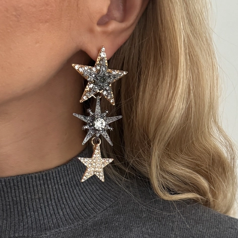 Pendientes Largos De Triple Estrella Aleación Pedrería Retro Para Mujer Con Poste De Acero