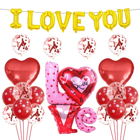 Kit Palloncini San Valentino Romantici Foglio Alluminio Oro I Love You Cuore Rosso Paillettes Lattice Decorazione