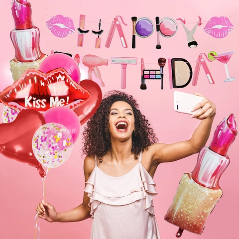 Makeup Thema Feestdecoratie Aluminiumfolie Ballonnen Happy Birthday Banner Rode Lippen Lippenstift Hartvorm Verjaardag Benodigdheden
