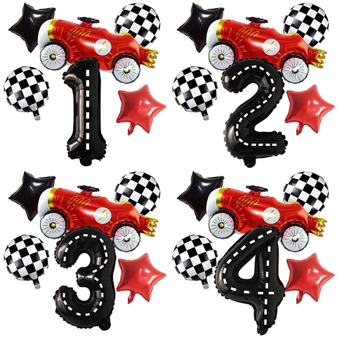 Racing Car Theme Birthday Party Balloons Aluminum Film Large Number Road Texture Checkered Star Foil Balloon Kit For Kids Boys