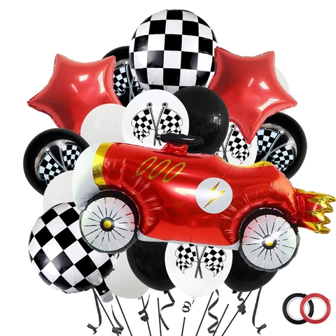 Rennwagen Thema Geburtstag Party Ballon Kit Rot Schwarz Sterne Schachbrett Flagge Aluminiumfolie Latex Ballons Dekoration