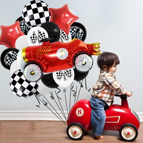 Racing Car Theme Balloon Set Checkered Flag Aluminum Film Latex Balloons For Boys Kids Birthday Party Racing Decoration