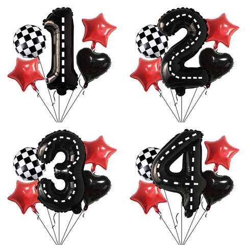 Racing Car Theme Birthday Party Balloon Decoration Aluminum Film Road Pattern Number Star Heart Checkered Flag Ornaments