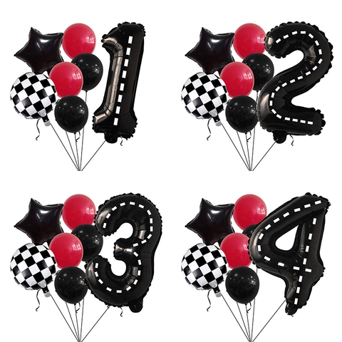 Rennwagen Geburtstag Ballon Kombination Aluminiumfolie Latex Straße Streifen Nummer Karierte Flagge Stern Für Kinder Party Deko