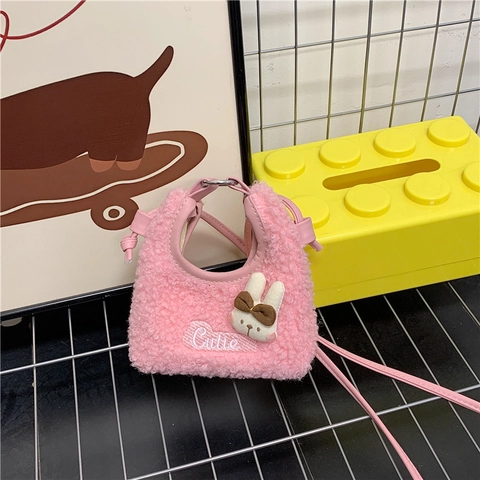 Simpatica Borsa a Spalla in Lana di Agnello Con Coniglio Mini Borsa a Tracolla in Peluche Con Ricamo per Donna Ragazze