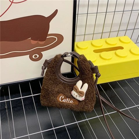 Simpatica Borsa a Spalla in Lana di Agnello Con Coniglio Mini Borsa a Tracolla in Peluche Con Ricamo per Donna Ragazze