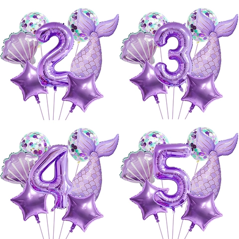Meerjungfrau Thema Lila Geburtstag Luftballons Kollektion Große Nummer Aluminiumfolie Muschel Schwanz Stern Pailletten Ballons Für Kinder Party