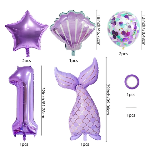 Meerjungfrau Thema Lila Geburtstag Luftballons Kollektion Große Nummer Aluminiumfolie Muschel Schwanz Stern Pailletten Ballons Für Kinder Party
