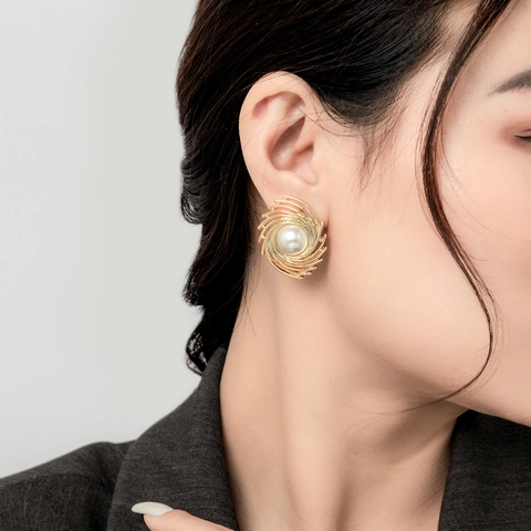 French Vintage Large Artificial Pearl Stud Earrings Spiral Gold Plated Brass With 925 Sterling Silver Earring Post For Women