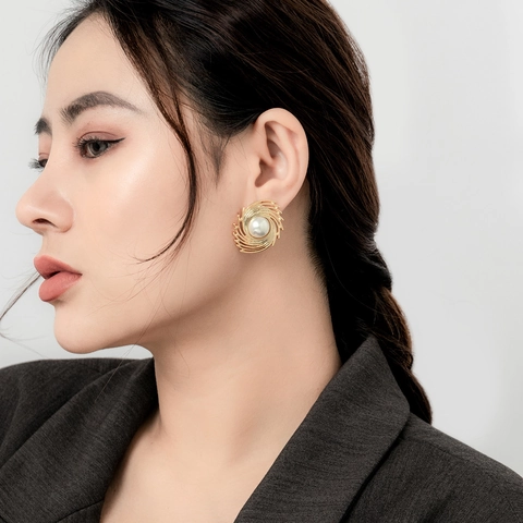 French Vintage Large Artificial Pearl Stud Earrings Spiral Gold Plated Brass With 925 Sterling Silver Earring Post For Women