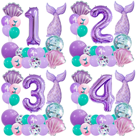 Ensemble de Ballons Numéro Anniversaire Sirène Violet Mat Avec Queue de Poisson Coquille Ballons en Aluminium Latex Décor Party