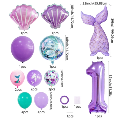 Ensemble de Ballons Numéro Anniversaire Sirène Violet Mat Avec Queue de Poisson Coquille Ballons en Aluminium Latex Décor Party