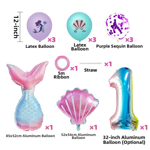 Mermaid Birthday Party Balloons Gradient Mermaid Tail Shell Number Design Foil Latex For Ocean Theme Party Decorations Girls