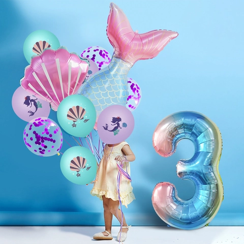 Mermaid Theme Birthday Party Decorations Set Shell Fish Tail Rainbow Number Foil Latex Balloons For Girls Party Supplies
