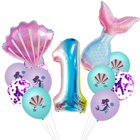 Mermaid Theme Birthday Party Decorations Set Shell Fish Tail Rainbow Number Foil Latex Balloons For Girls Party Supplies