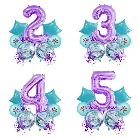 Mermaid Theme Birthday Balloons Purple Number Foil Balloon Star Shell Print Sequin Latex Balloons For Kids Party Decorations