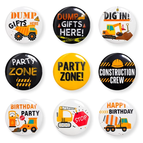 Badge à Épingle en Fer-Blanc Véhicule de Chantier pour Anniversaire Enfant Thème Ingénierie Camion Benne Décoratif