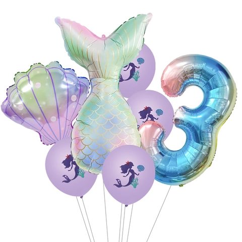 Aluminum Foil Mermaid Tail Shell Gradient Number Balloons And Purple Latex Balloons For Girls Birthday Party Decorations