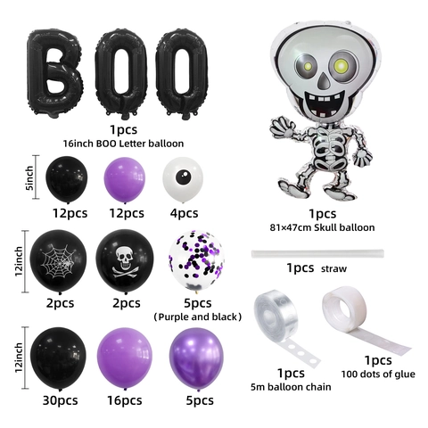 Kit Arco di Palloncini Halloween BOO Viola Nero Arancione Lattice Pellicola Alluminio Scheletro Decorazioni Festa Giardino Bar