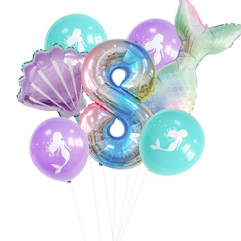 Mermaid Theme Party Balloon Set Aluminum Foil Number Shell Latex Printed Silhouette Gradient Dreamy Kids Birthday Decor