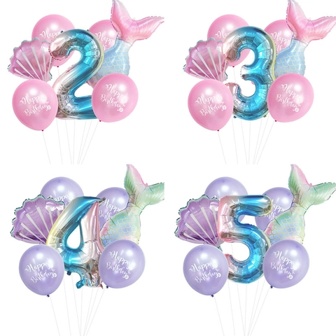 Ensemble De Ballons Anniversaire Thème Sirène Feuille Aluminium Latex Coquillage Queue Décoration Fête Enfant