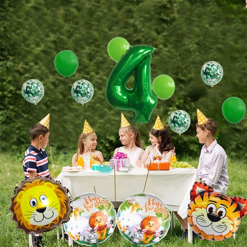 Jungle Safari Animal Birthday Balloons Green Number Foil Latex Lion Tiger Decorations For Kids Birthday Party Decorations