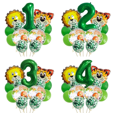 Jungle Safari Animal Birthday Balloons Green Number Foil Latex Lion Tiger Decorations For Kids Birthday Party Decorations