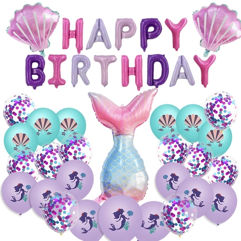 Meerjungfrau Thema Geburtstag Party Dekoration Set Happy Birthday Folien Buchstaben Ballons Meerjungfrau Schwanz Muschel Latex Ballons