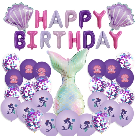 Meerjungfrau Thema Geburtstag Party Dekoration Set Happy Birthday Folien Buchstaben Ballons Meerjungfrau Schwanz Muschel Latex Ballons
